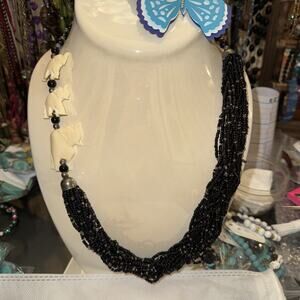 Necklace with Carved Elephants Made of Calcite Stone and 2 Bracelets Vintage